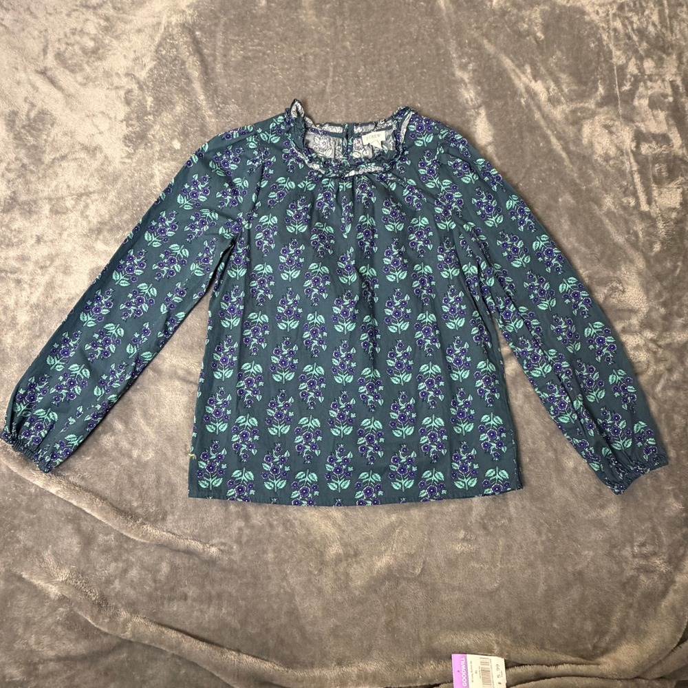 J Crew Floral Block Print Ruffle Neck Blouse Teal Purple XXS CD288